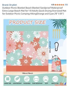 Drydiet Outdoor Picnic Blanket - Large, Lightweight, Quick Dry Beach Mat